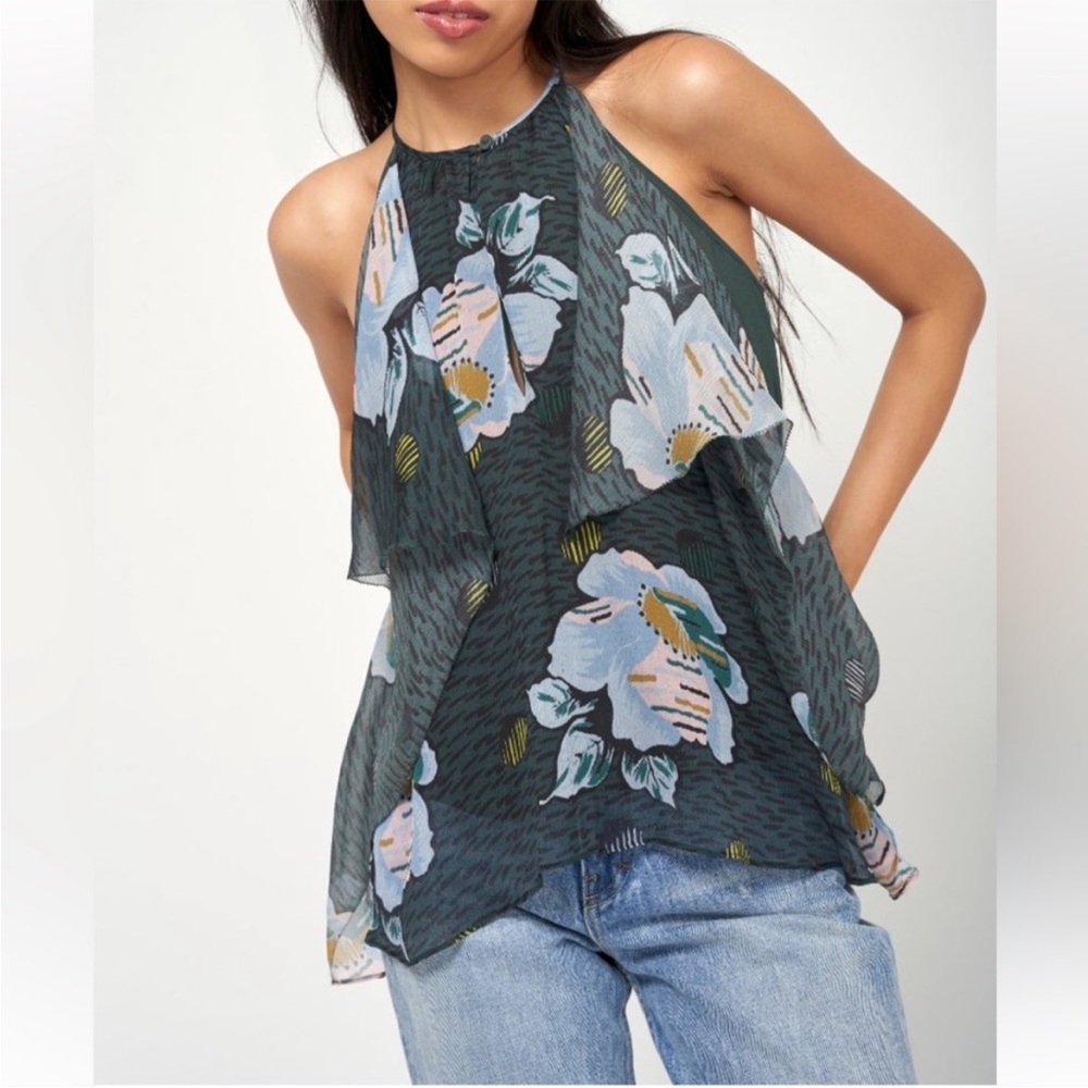 Joie Dark Green Floral Romee Silk Halter Top. Size L .